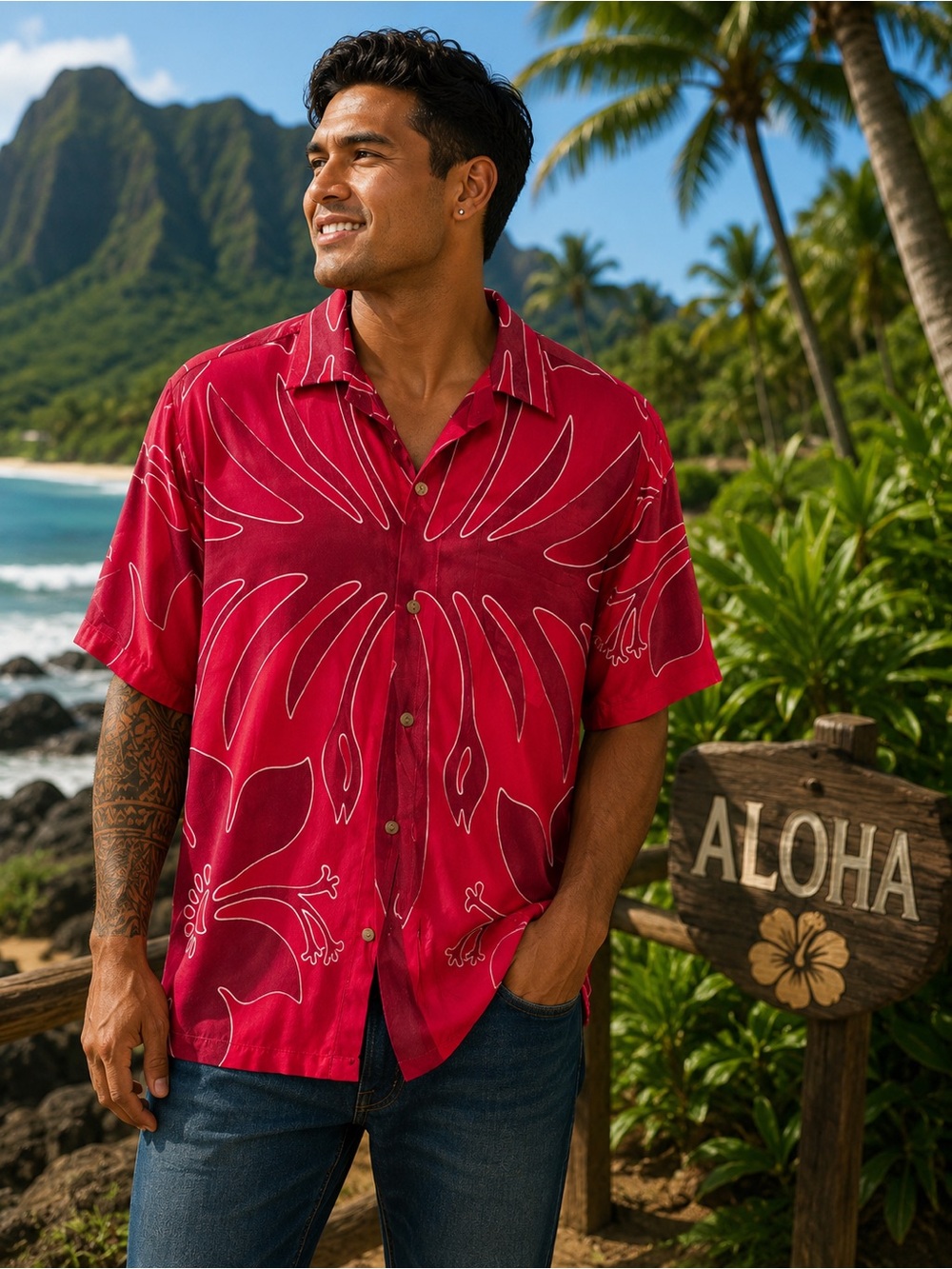 Casual Red Short-Sleeve Button-Down Shirt with Floral Print-Lauhala